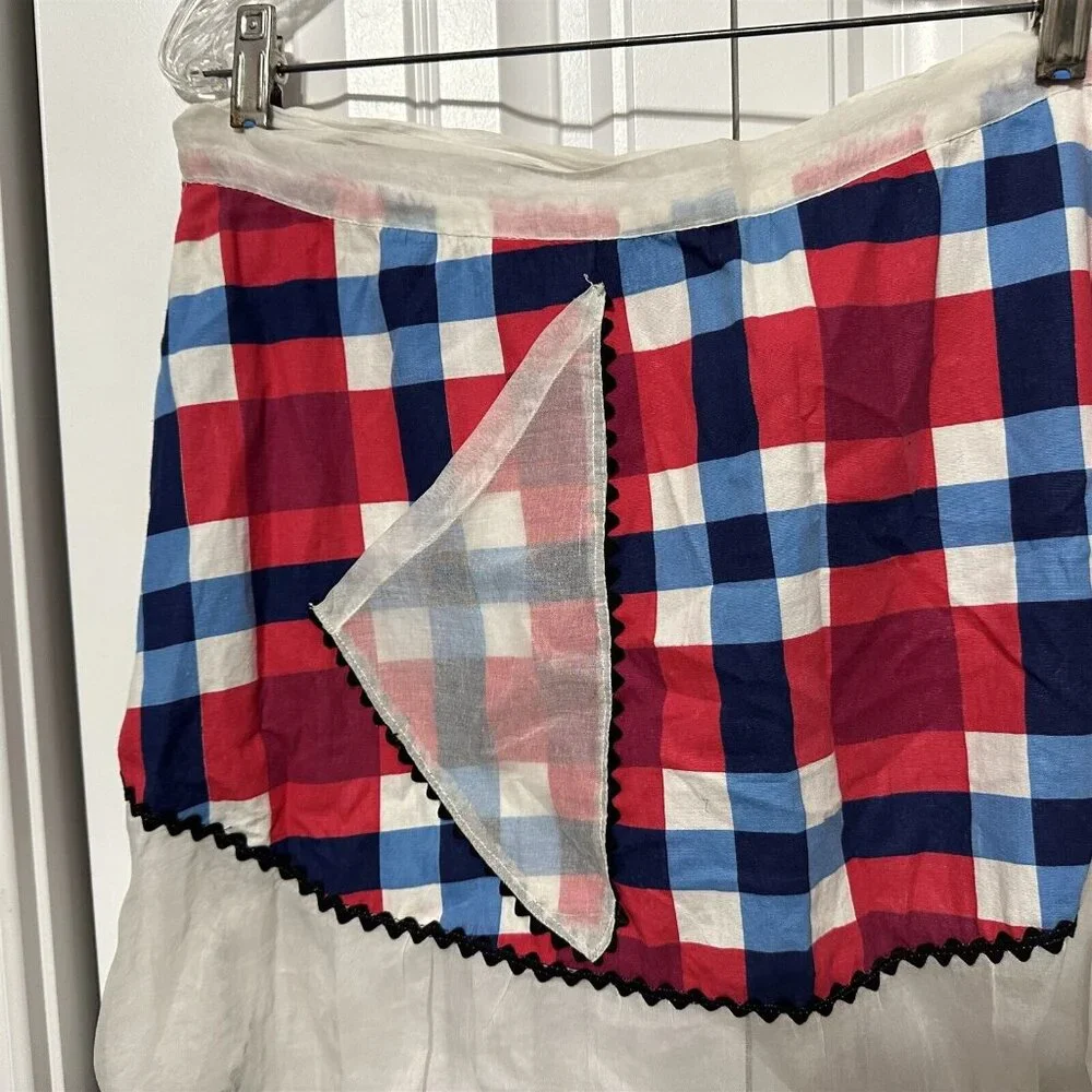 Vintage Apron Plaid Red Blue Buffalo Sheer Ruffle Trim